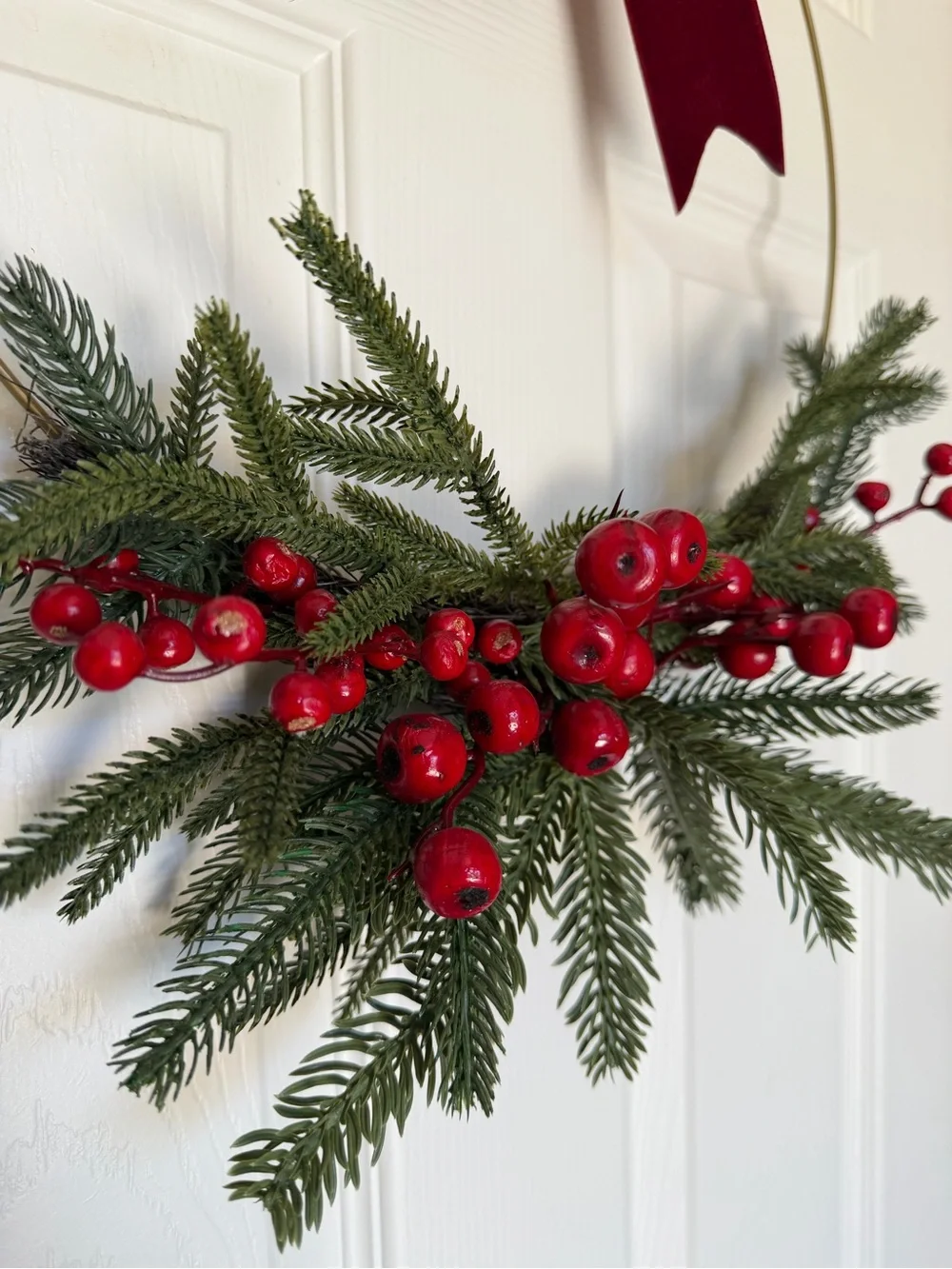 Festive Red Berry & Greenery Holiday Wreath with Velvet Bow